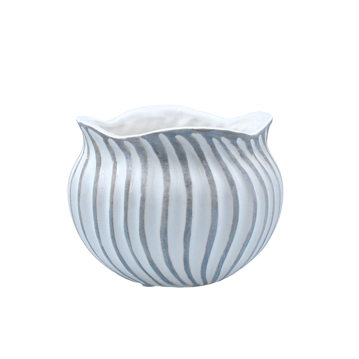 White and Grey Ceramic Wave Pot Cover by Gisela Graham A small white and grey ceramic pot cover with all over wave design. The perfect addition to your home or the perfect gift for yourself or a loved one. By London designer Gisela Graham.